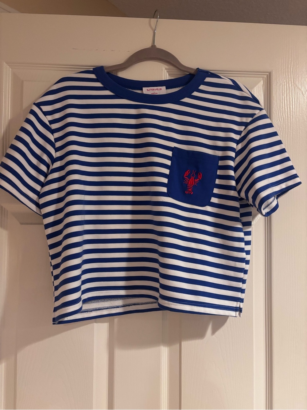 Buttermelon Blue & White Striped Pocket Tee with Lobster Accent - L